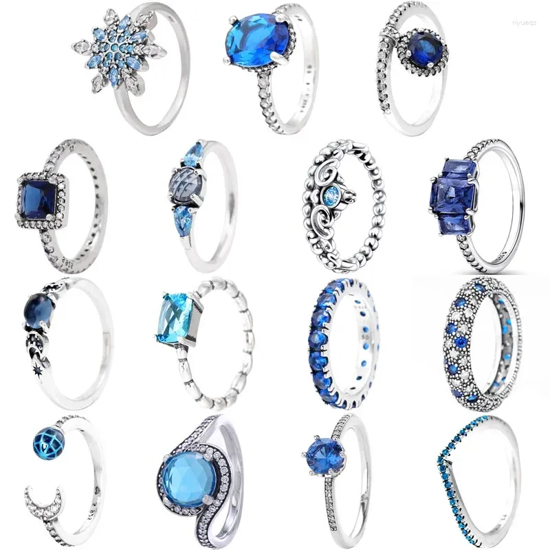 Кольца кластера, кольцо из стерлингового серебра 925 пробы, синяя земля и луна, вневременная элегантность, корона, снежинка для женщин, подарок на день рождения, ювелирные изделия своими руками