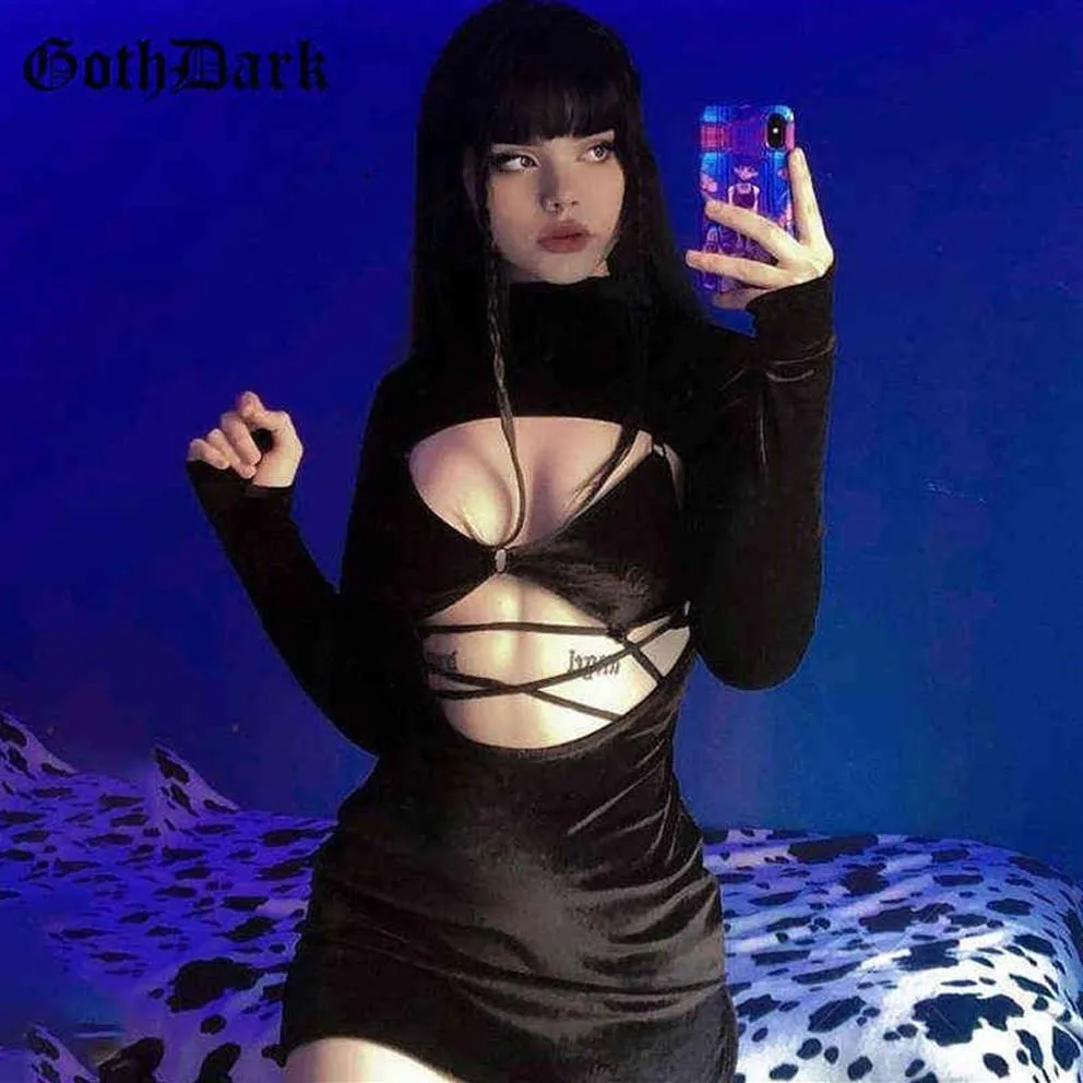 Goth Dark Y2K punkowy czarne aksamitne sukienki i Camsi 2pc Set Casual Gothic Sexy Wycięcie sukienki z długim rękawem