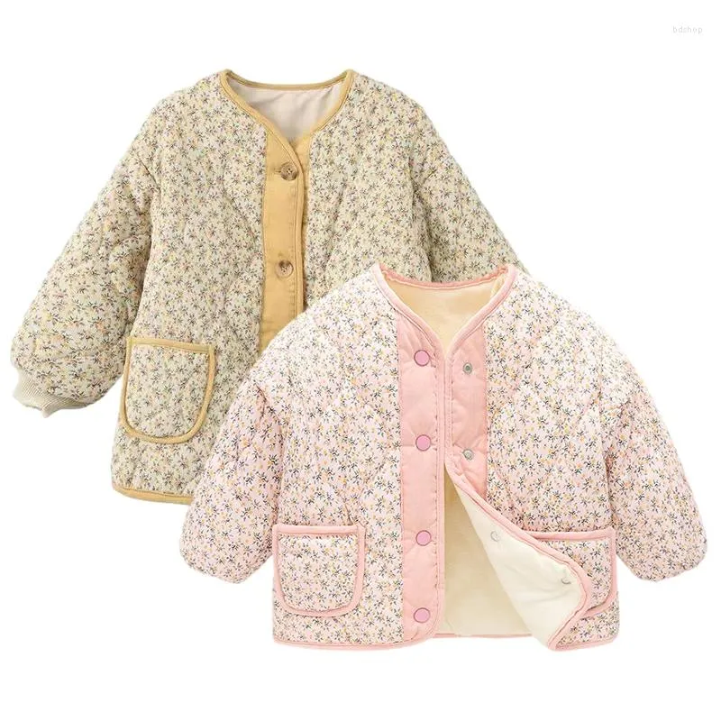 Пуховое пальто, зимнее хлопковое пальто на флисовой подкладке для маленьких девочек, утепленные модные детские пальто с цветочным принтом для девочек, верхняя одежда, корейские детские топы