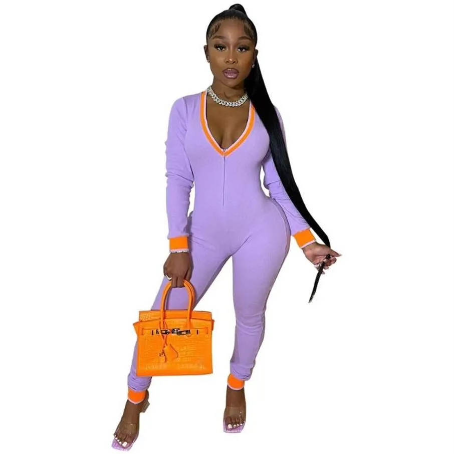 Women's Jumpsuits & Rompers Casual Women Jumpsuit Color Patchwork V-neck Sportwear Long Womens Overalls Outdoor Wear206v