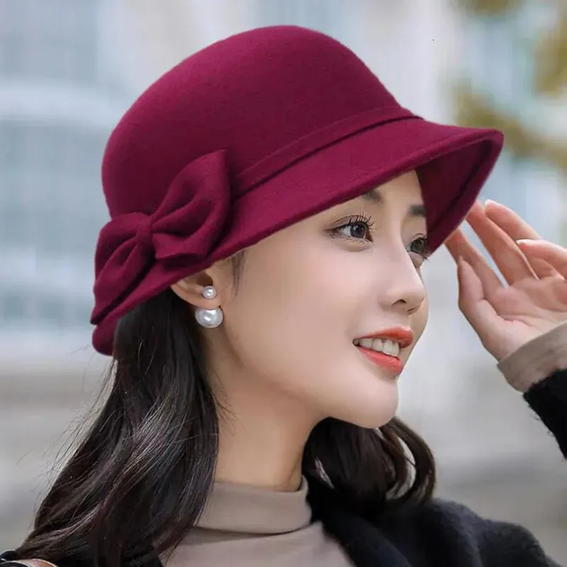 Brede Rand Hoeden Emmer Herfst Winter Fedora Hoed Elegant Vintage Strik Wol Dames Dome Vilt Bruiloft Kerk Jazz Cap Vrouwelijke Boog Bowler 231016