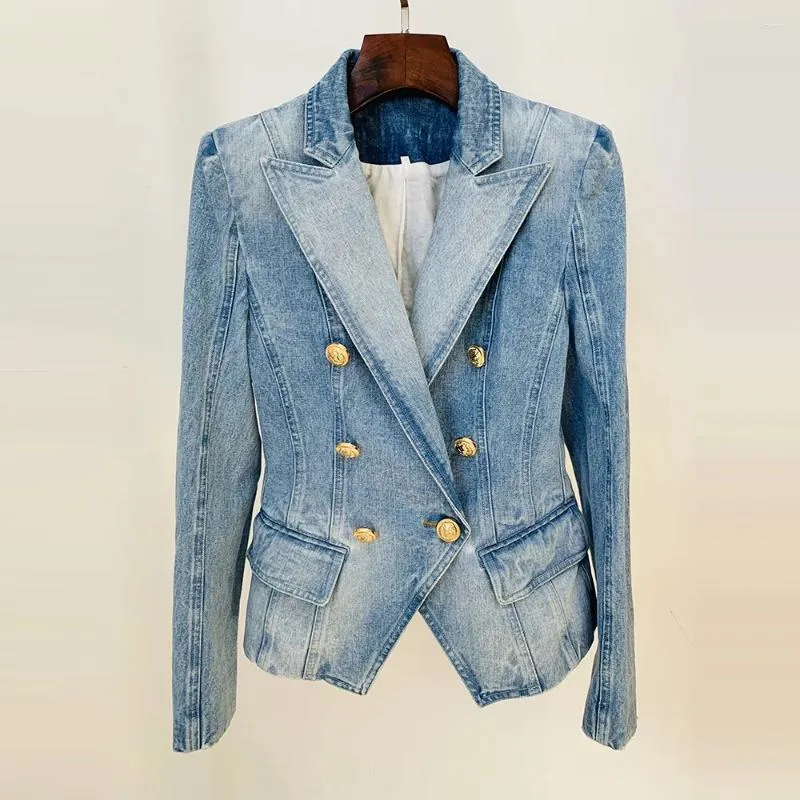 Damesjassen S-5xl Grote maten Damesjas Dubbele borst Slank Kort Denim Street chic Werk Kantoor Waterwassing Jean Blazer Uitloper Blauw