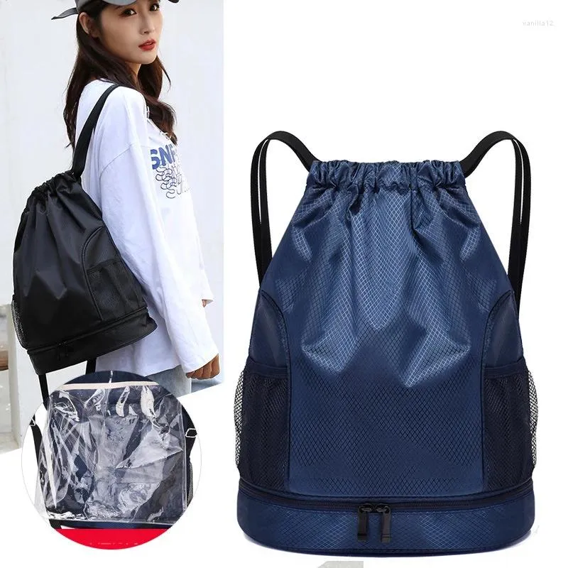 Bolsas al aire libre Bolsa de entrenamiento de malla de cuerda para la piscina Gimnasio Herramienta de ducha con bolsillo para zapatos Mochila deportiva para niños Hombres Mujeres Fitness impermeable