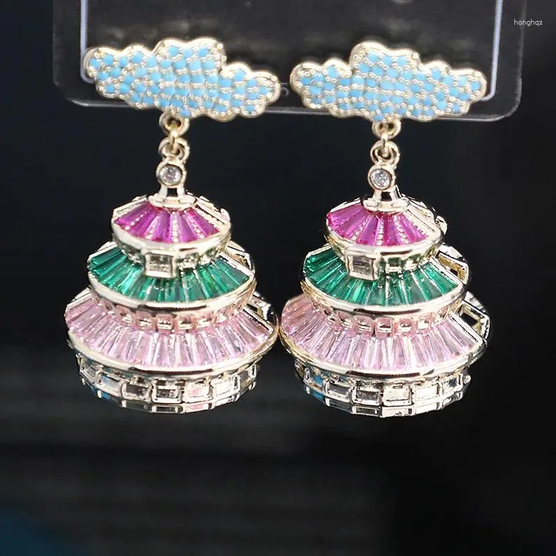 Studörhängen Bilincolor Micro Inlaid Zircon Chinese Style Auspicious Cloud 3D Pavilion For Women