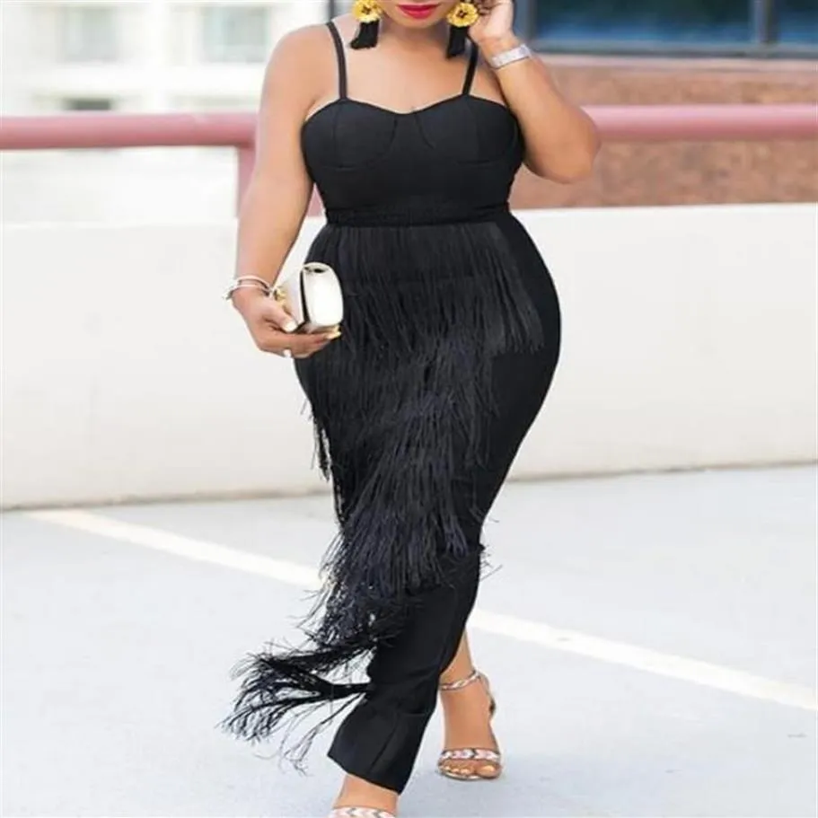 Plus Size Dresses Black Long Spaghetti Strap High Waist Tassel Evening Cocktail Party Gowns Fringe Outfits Drop Autumn3267