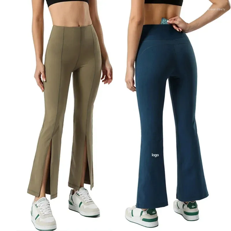 Aktywne spodnie z logo fitness sportowe legginsy elastyczne rozkloszowane szerokie nogi trening taniec jogi modne szczupłe kobiety