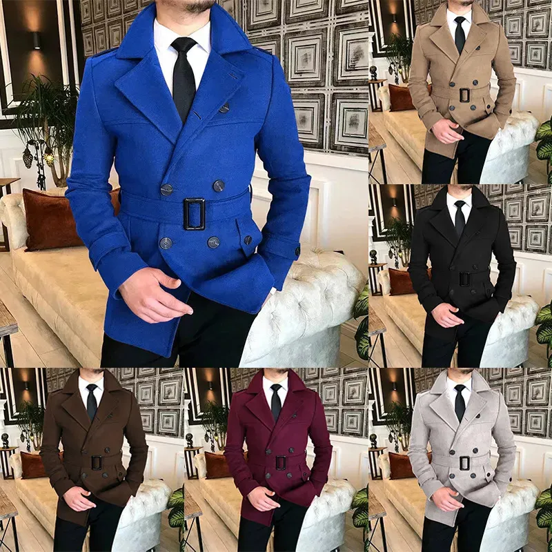 Double Row Button Woolen Trench Coat With Belt For Men Double Row Button Woolen Trench Coat With Belt For Men