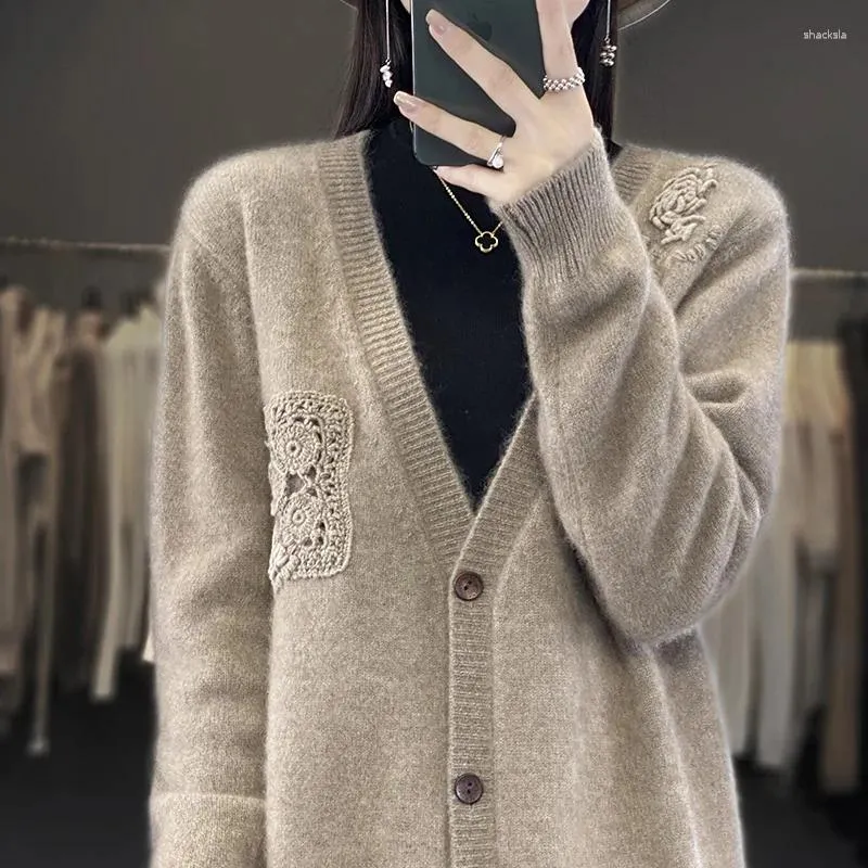 Cardigan tricoté en laine mérinos pour femme, col en v, pull en cachemire, veste ample, mode coréenne, manteau épais, automne/hiver 2023