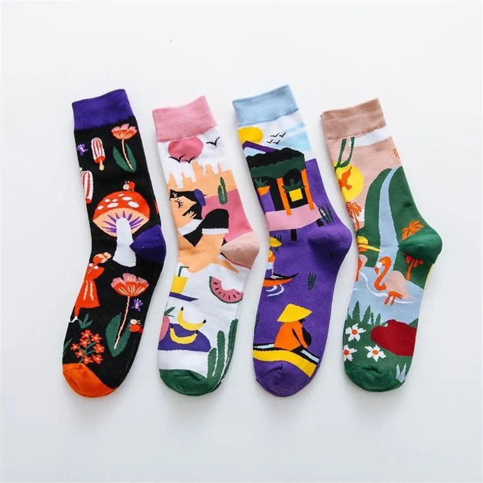 Fashion Men Cotton Socks Abstract Plant Natural Pattern Creative Harajuku Funny Korean Style Cute Crew Casual Street Art socks1246v