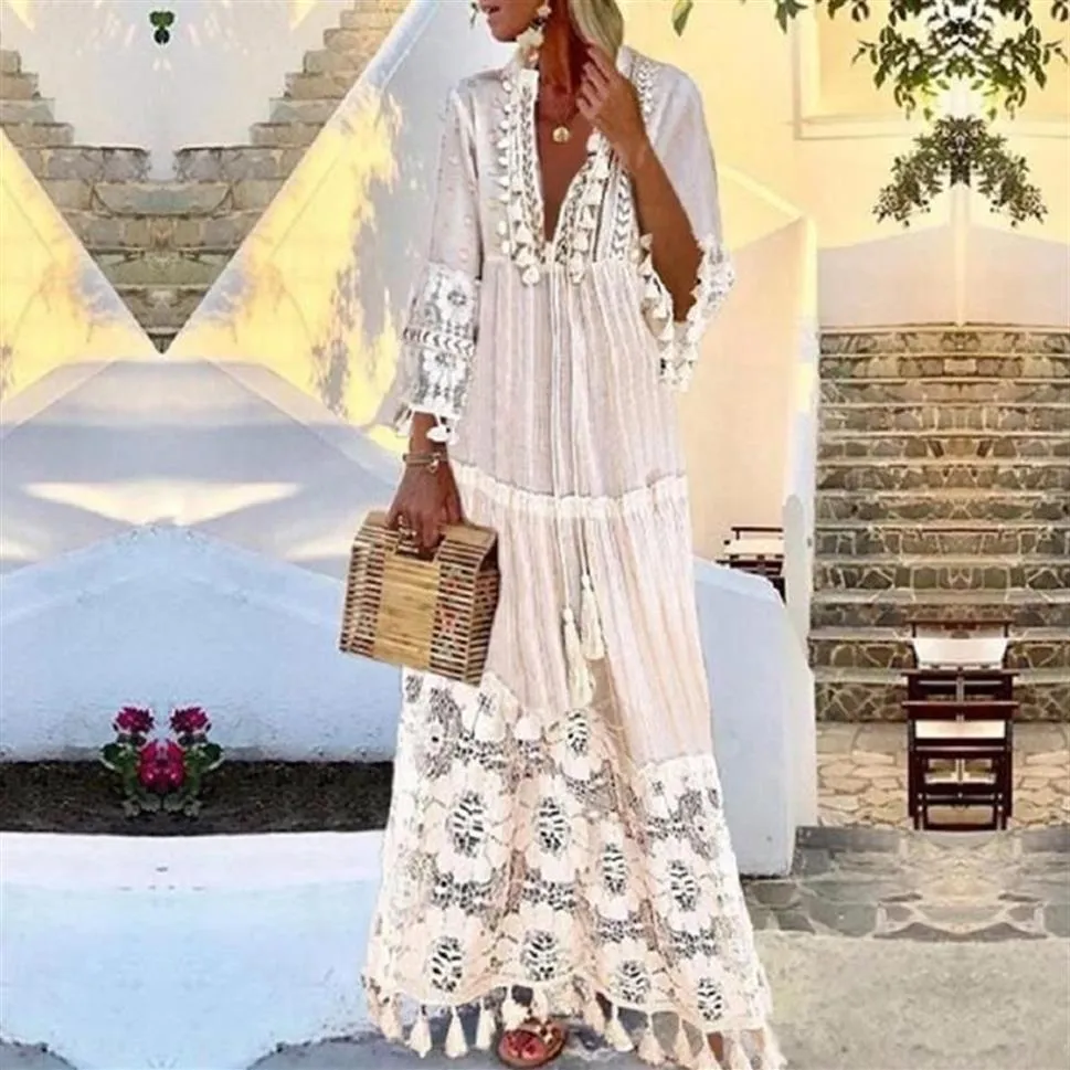 Casual Dresses Tassel Sexig Boho Long Dress Women 2022 Fall Solid Hollow Out V-Neck Lace Bohemian Style Plus Size Vestidos250x