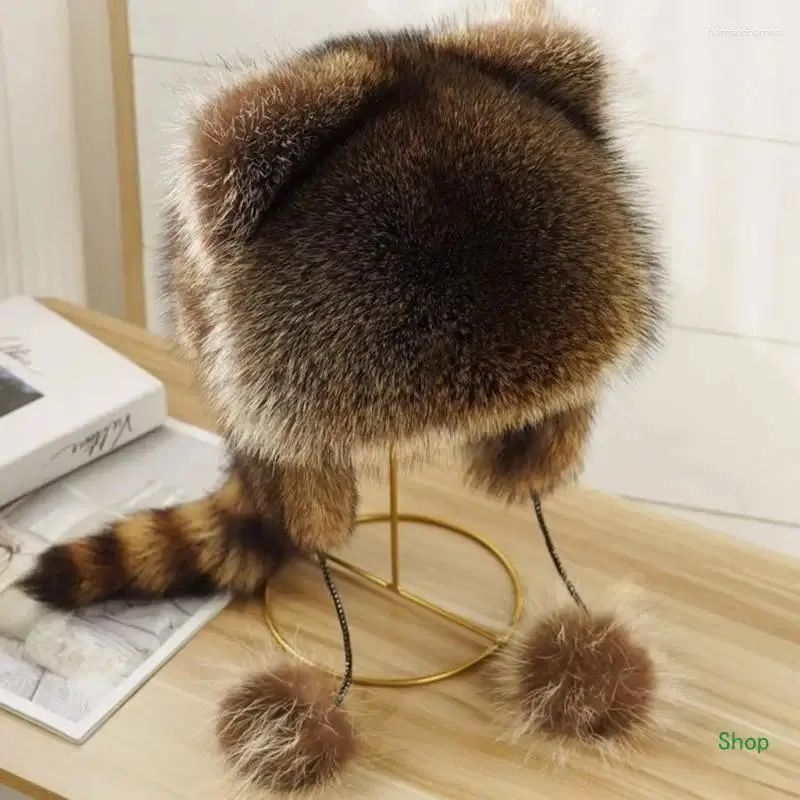 Beralar L5YC Kış Sıcak Peluş Rakun Tail Hat Yetişkin Çocuklar Unisex Rüzgar Geçirmez Gidi