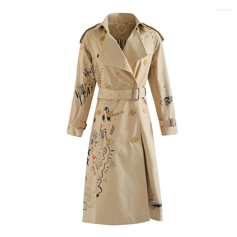 Women's Trench Coats Fall And Winter Nice Windshield Woman Kaki Printed Temperament Laces With Slender Mid-long Jacket Over Knee