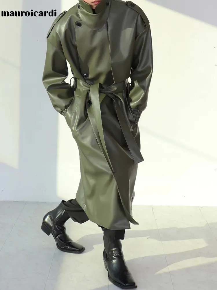 Hommes en cuir Faux Mauroicardi Printemps Automne Long Surdimensionné ArmyGreen Noir Trench Coat Hommes Ceintures Lâche Luxe Designer Vêtements 231016