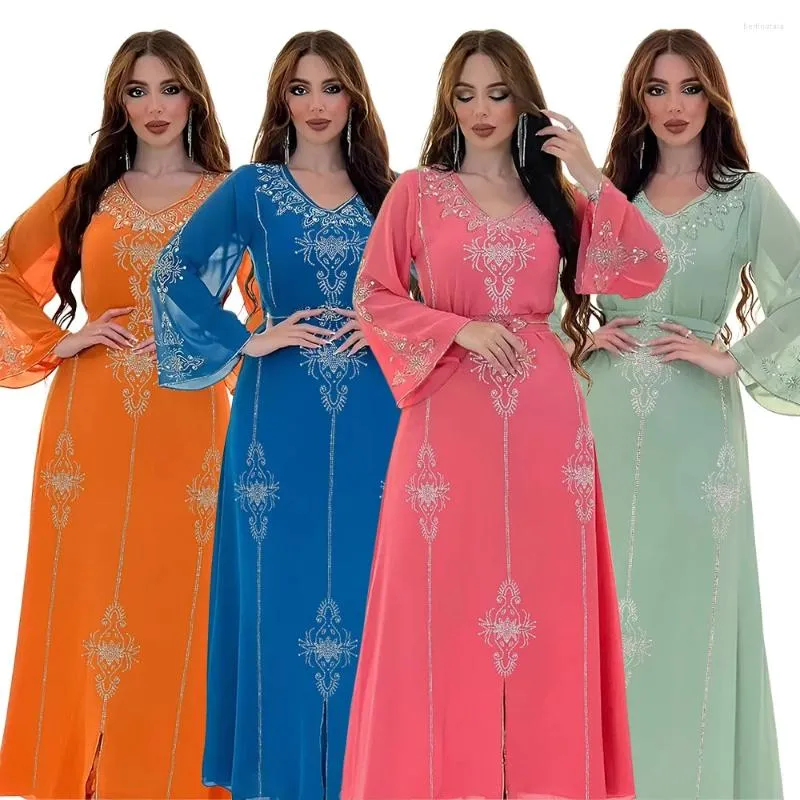 Abbigliamento etnico Arabia Saudita Dubai Moda Medio Oriente Donna Estate Diamanti Abito in chiffon Vestaglie Maniche lunghe Scollo a V Elegante Festa Abaya