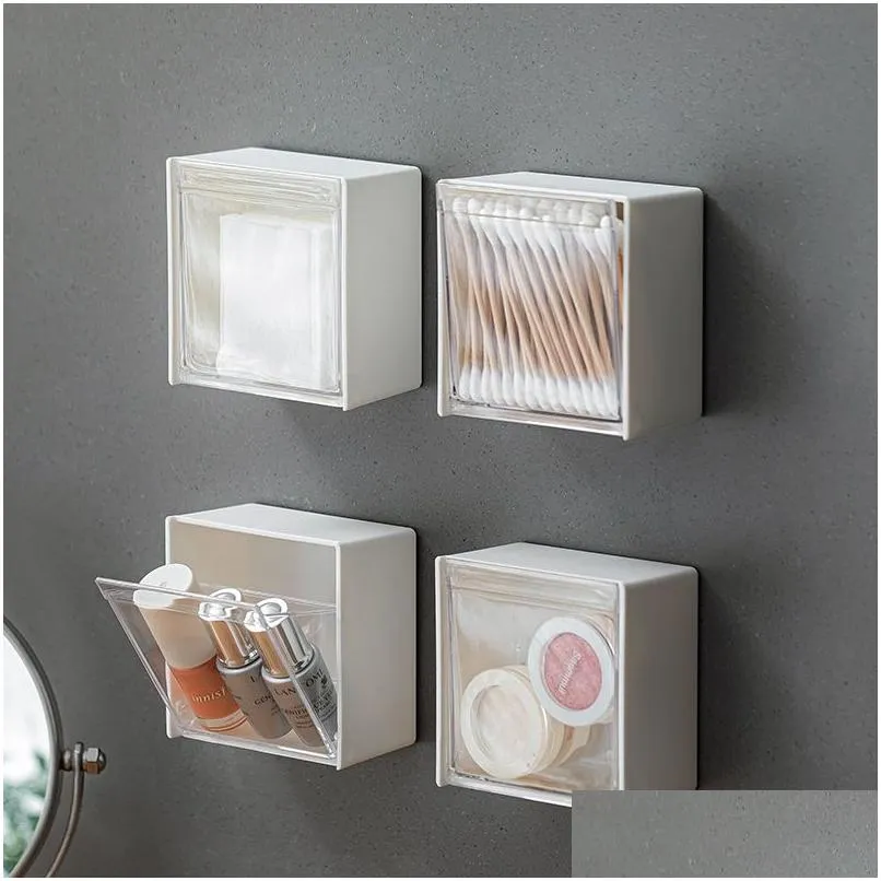 Caixas de armazenamento caixas de plástico montado na parede à prova de poeira organizador de banheiro para algodão bs maquiagem adesivo pequena caixa de suporte de jóias drop d dhukm