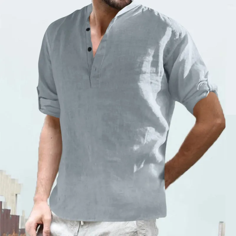 Herr t-skjortor avslappnad fast färg toppskjorta stativ krage blusar rulla upp ärmen lång mode t-shirt