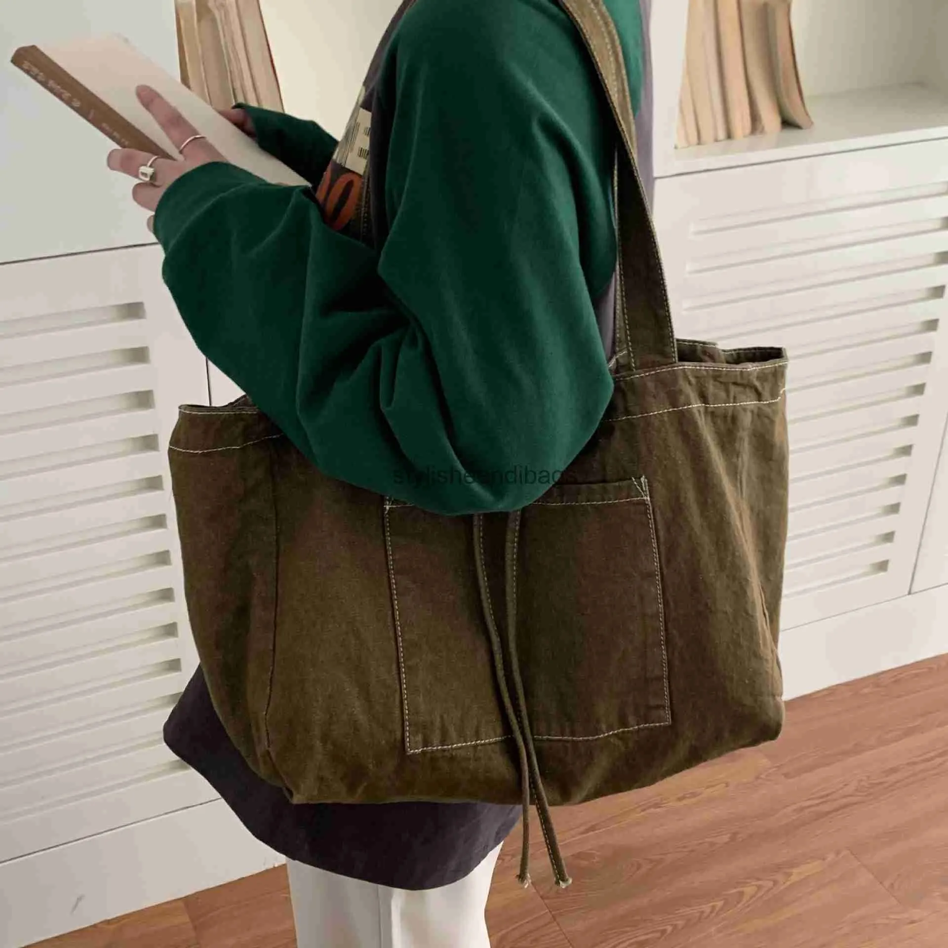 어깨 가방 여성의 새로운 원한 어깨 세척 가능한 오래된 캔버스 가방 양면 사용 가능한 여자 가방 캐주얼 대용량 토트 bagstylisheendibags