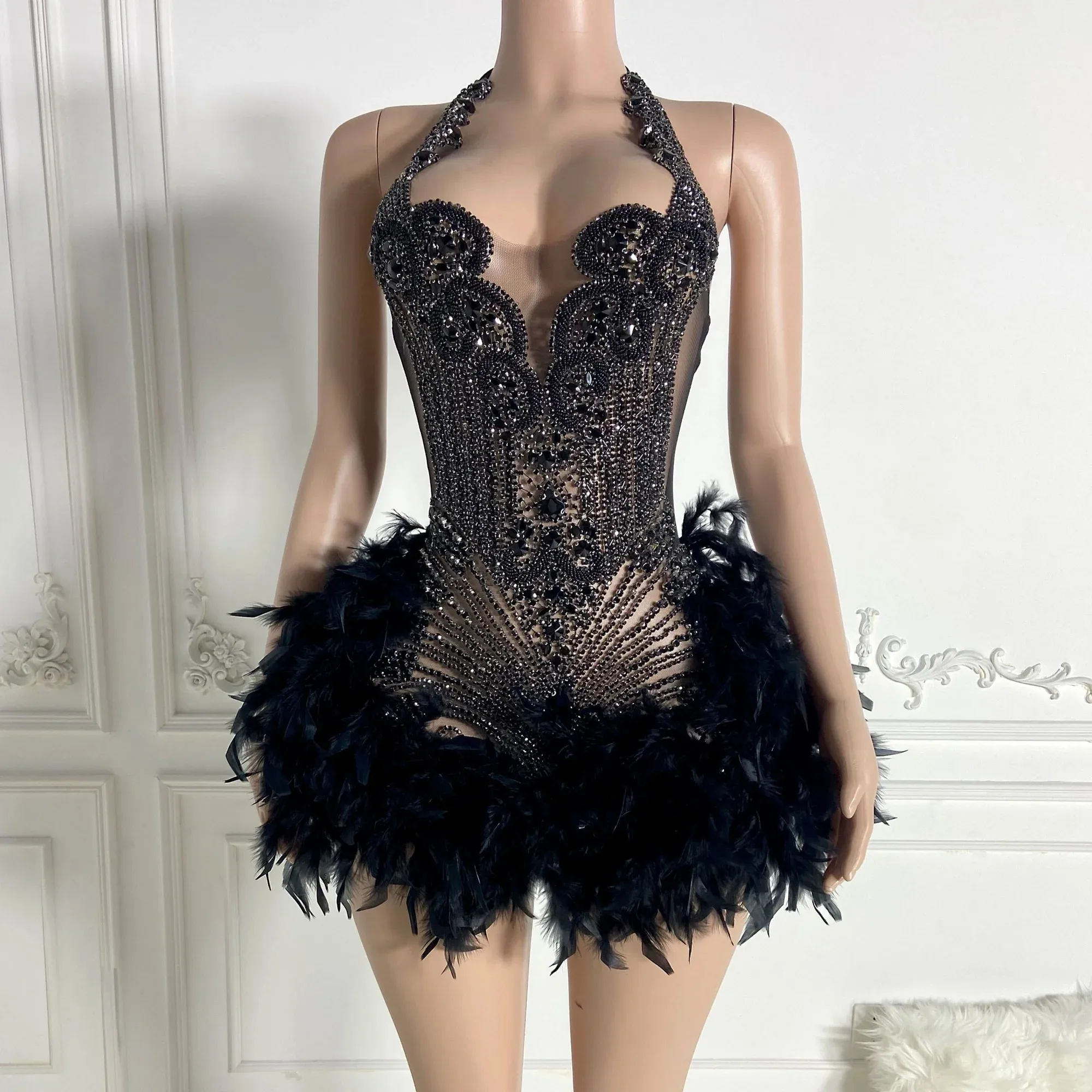 Luxe réel photo noir robes de bal pour les femmes robes de soirée licou cou mini robe d'anniversaire tenue de fête voir à travers les robes De Gala