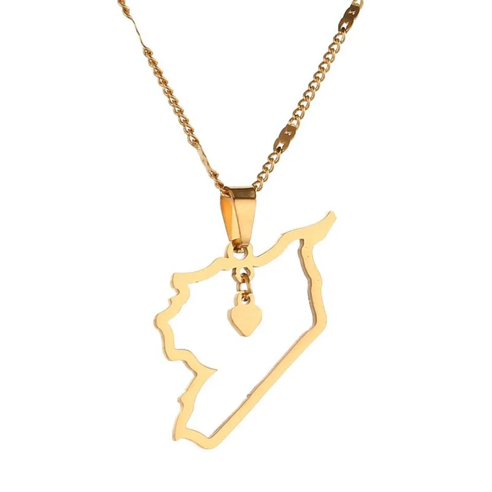 Colliers avec pendentif carte de la syrie en acier inoxydable, pendentif contour, chaîne en cœur syrien, bijoux 246o