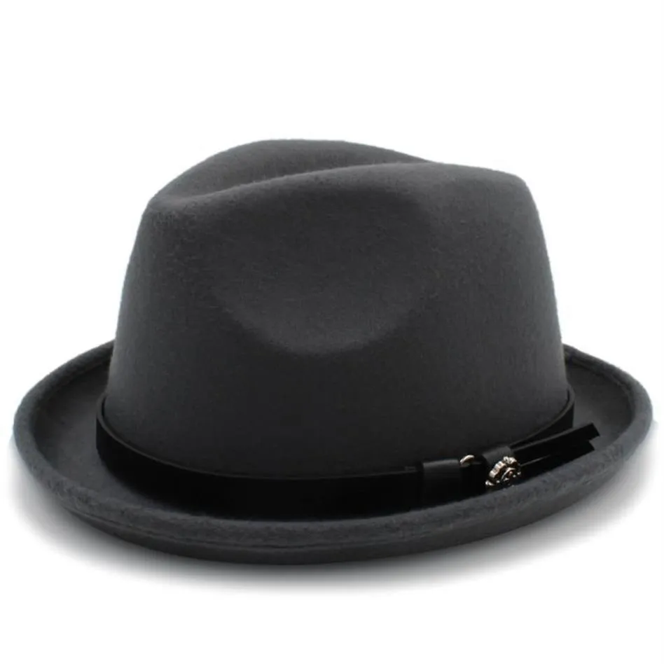 Stingy Brim Hats Fashion Men's Felt Fedora Hat For Gentleman Winter Autumn Roll Up Homburg Dad Jazz With Belt2293