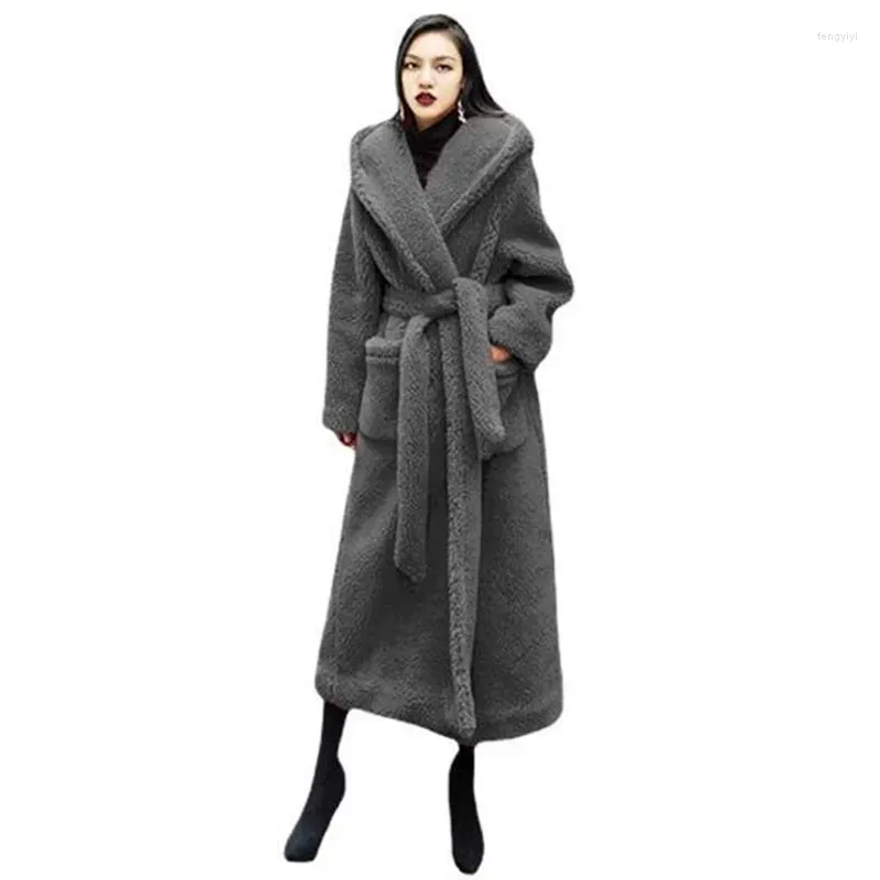 Manteau d'hiver en fourrure pour femmes, grande taille 5xl, mode femme, ceinture X Long, col en V, épais et chaud, Faux manteaux pour femmes, 2023