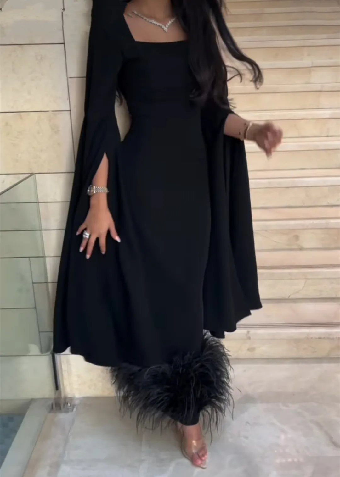Elegant Black Crepe Evening Dresses Square Collar, Feather Detail, Long  Sleeve Mermaid Gown, Ankle Length With Zipper Back For Formal Parties From  Dyy_dress88, $91.38 | DHgate.Com