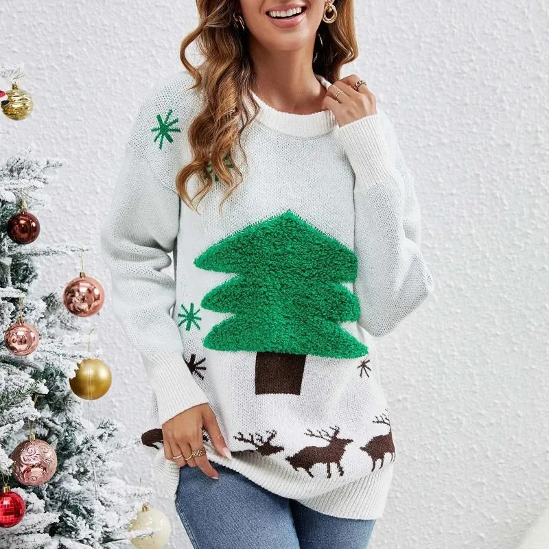 Kobiety swetry jesienne zimowy sweter świąteczny 2023 rok drzewa płatek śniegu Jacquard Crew Neck Knittwear pullover swobodny długi rękaw