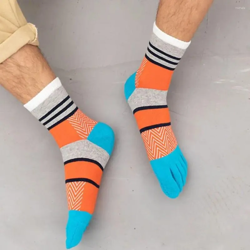 Men's Socks Breathable Split-toed Thick Patchwork Color Trendy Sport Man Five Finger Middle Tube Hosiery Cotton