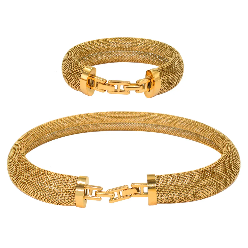 13/17mm Nya kvinnor och mäns guldkedja Kort halsbandsarmband Set 14K Solid Gold Fill Chain Woven Mesh Halsband 40 cm armband 20 cm