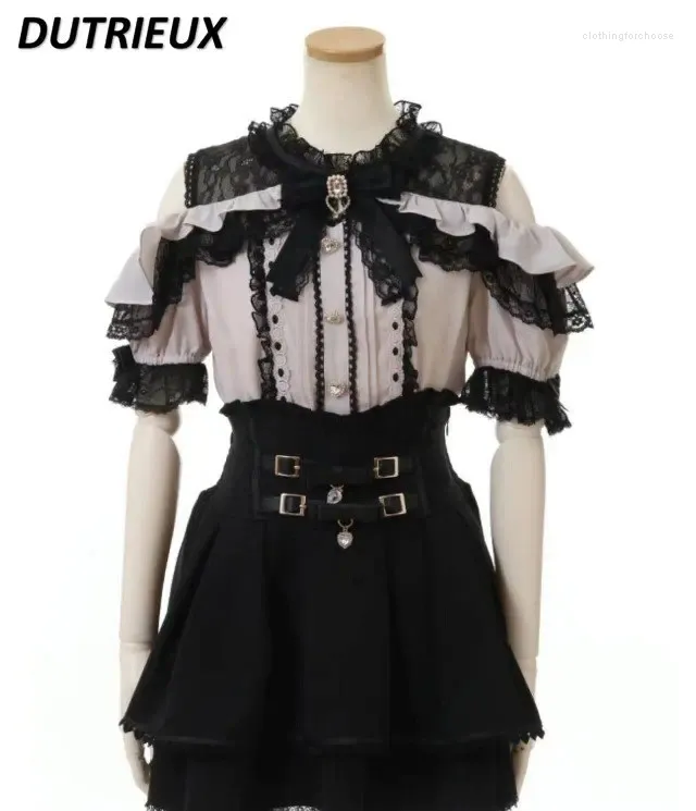Женские блузки, японская рубашка Mine для женщин, лето 2023, милая, милая, свободная, кружевная, сексуальная блузка с открытыми плечами и короткими рукавами, Lolita Blusa Feminina