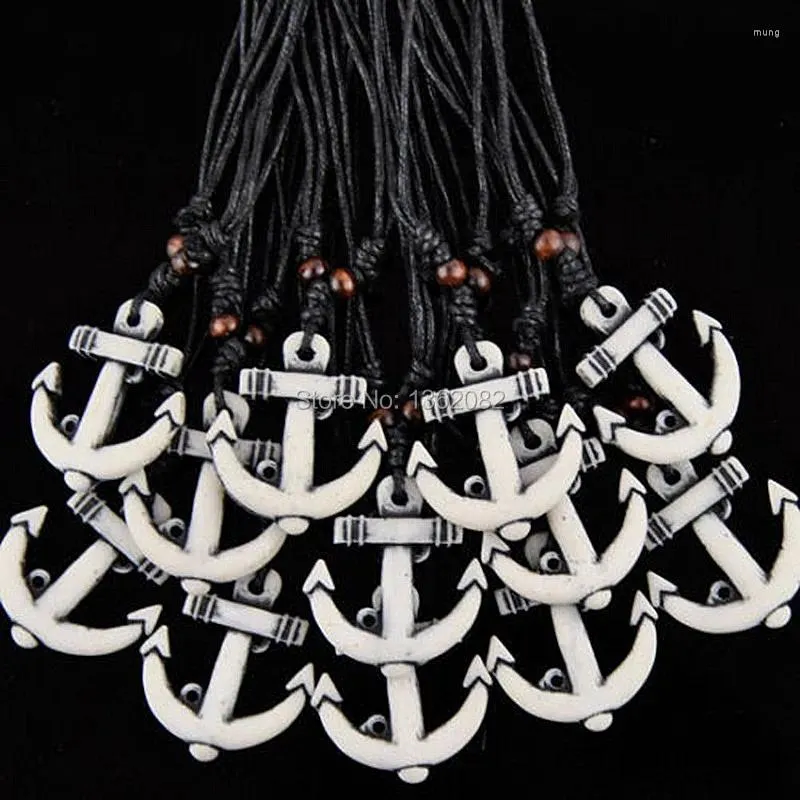 Pendant Necklaces Wholesale Lots 12pcs Navy Style Sailor White Yak Bone Carved Anchor Necklace Choker Men Women's Gift MN522