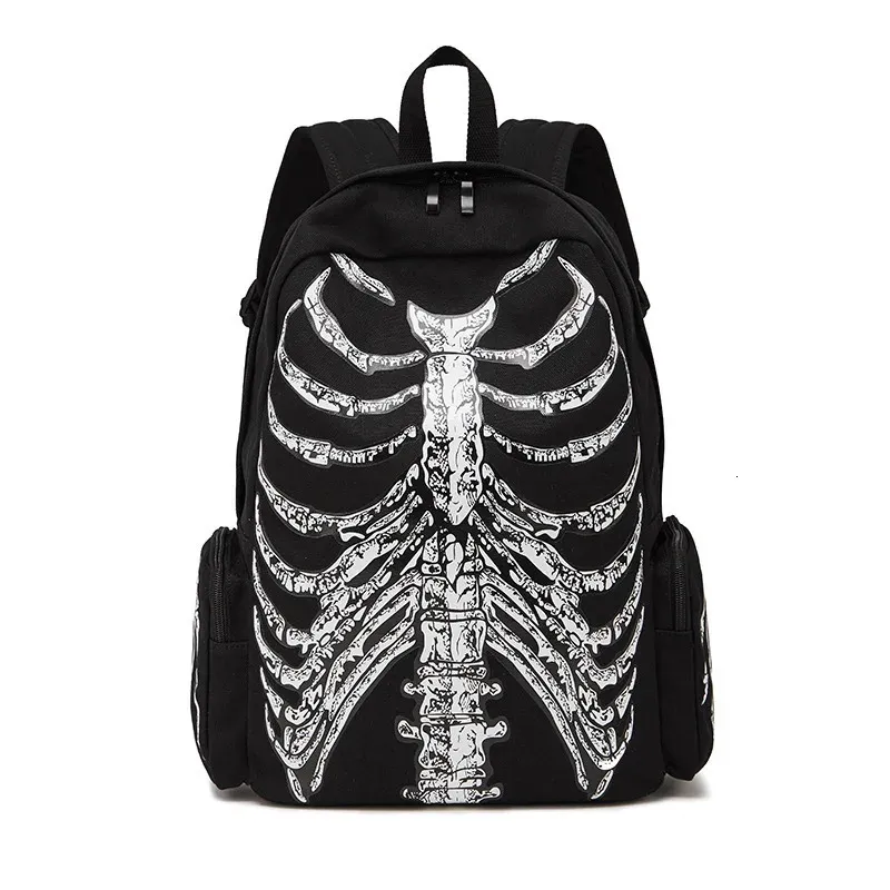 School Bags JIEROTYX Canvas Backpack Halloween Multifunctional School Bags Unisex Skull Skeleton Printed Backpack Gothic Designer Travel Bag 231016