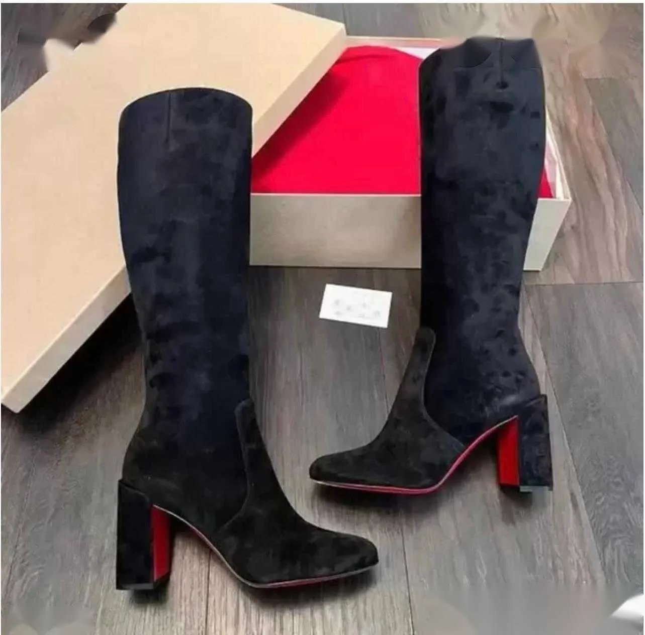 2023S Women Brands Womens Womens Red Botto Knee على Boots Tall Boot Cavalika Booty Chunky Heels Booties Black Khaki Suede Sidely Side Side