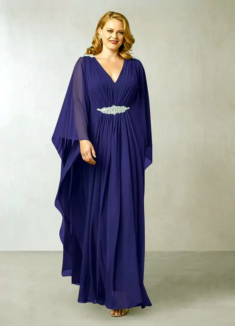 Navy Blue Chiffon Mother Of The Bride Dresses Batwing Sleeves V-Neck Empire Waist Plus Size Wedding Party Dress For Women 2024 Groom Mom Long Prom Gown