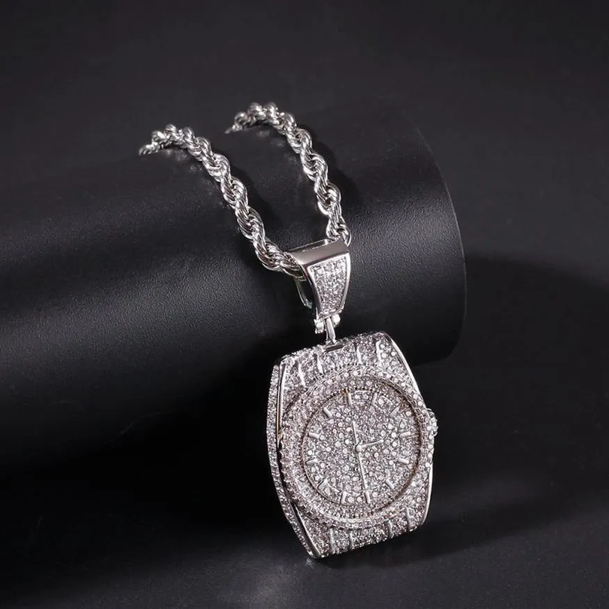 Fashion-r Zifferblatt Anhänger Halskette Herren Hip Hop Halskette Schmuck Neue Mode Uhr Anhänger Halsketten Mit Gold Kubanischen Chain284P