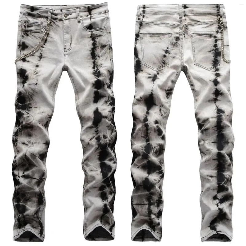 Jeans masculinos europeus e americanos rua hip-hop retro corrente decoração preto branco com calças elásticas personalizadas
