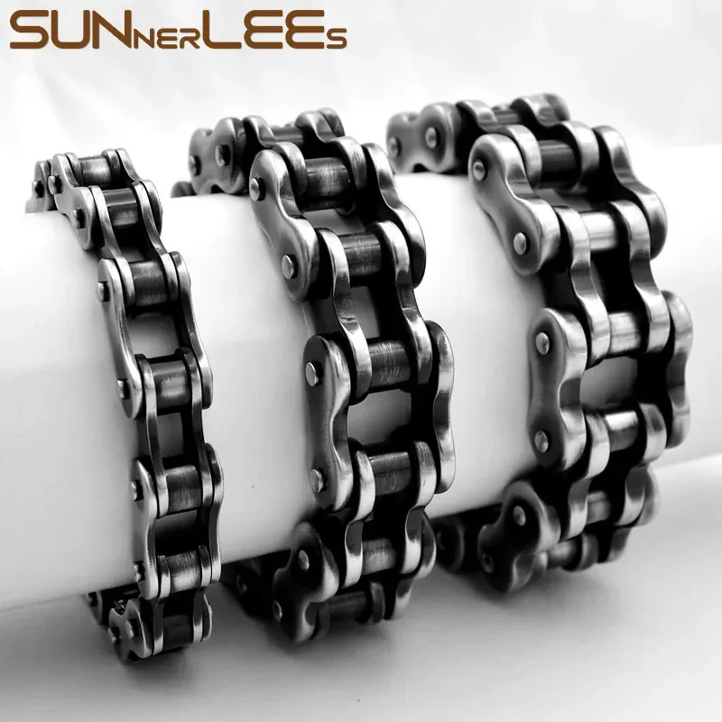 Chain SUNNERLEES 316L Stainless Steel Bracelet Bangle Biker Bicycle Motorcycle Link Retro Black Men Boy Gift BC09 231016