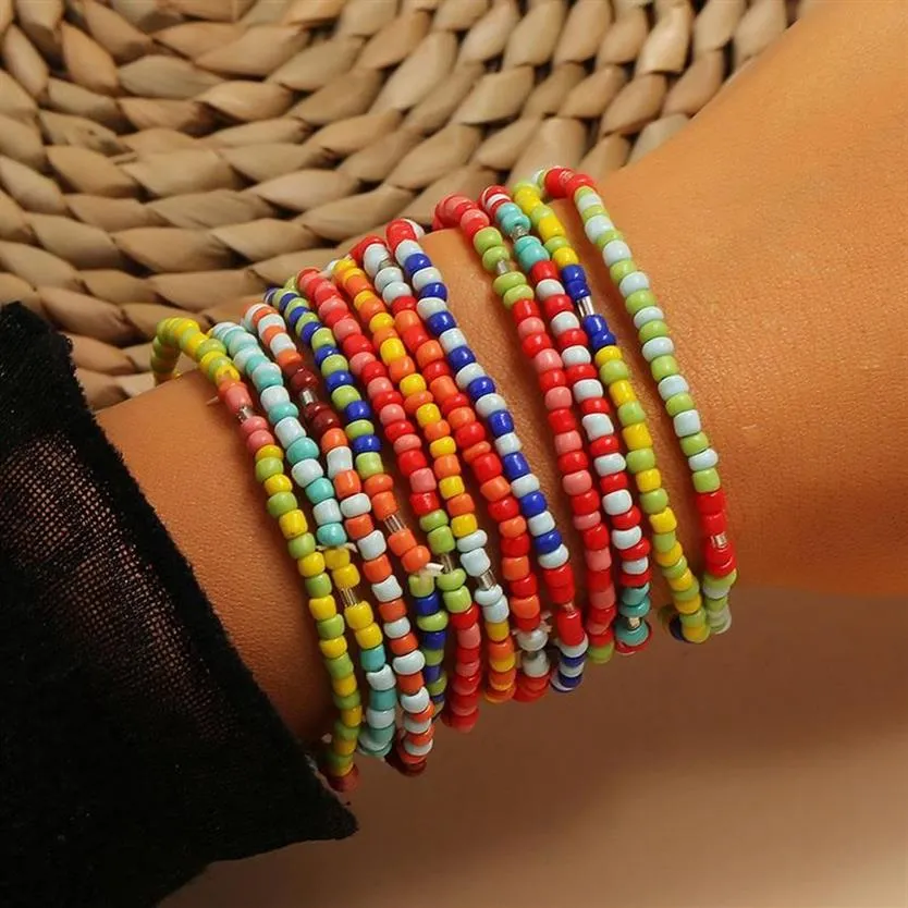Fios frisados 12pcs / set Handmade Colorido Beads Pulseiras para Mulheres Étnicas África Set Boho Braclets Acessórios Girls240S