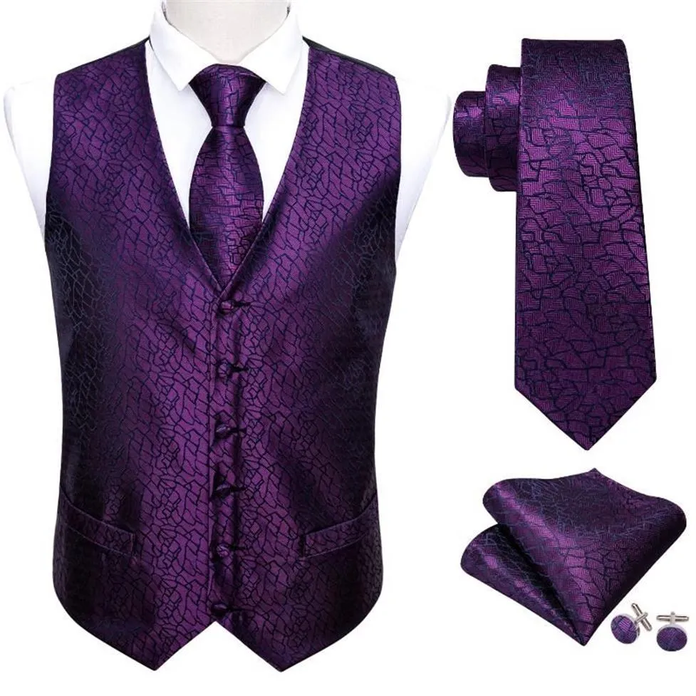 Men's Vests Purple Mens Luxury Brocade Novelty Floral Suit Vest Set Silk Tie Waistcoat Men Clothes Barry Wang Fashion Designe213B