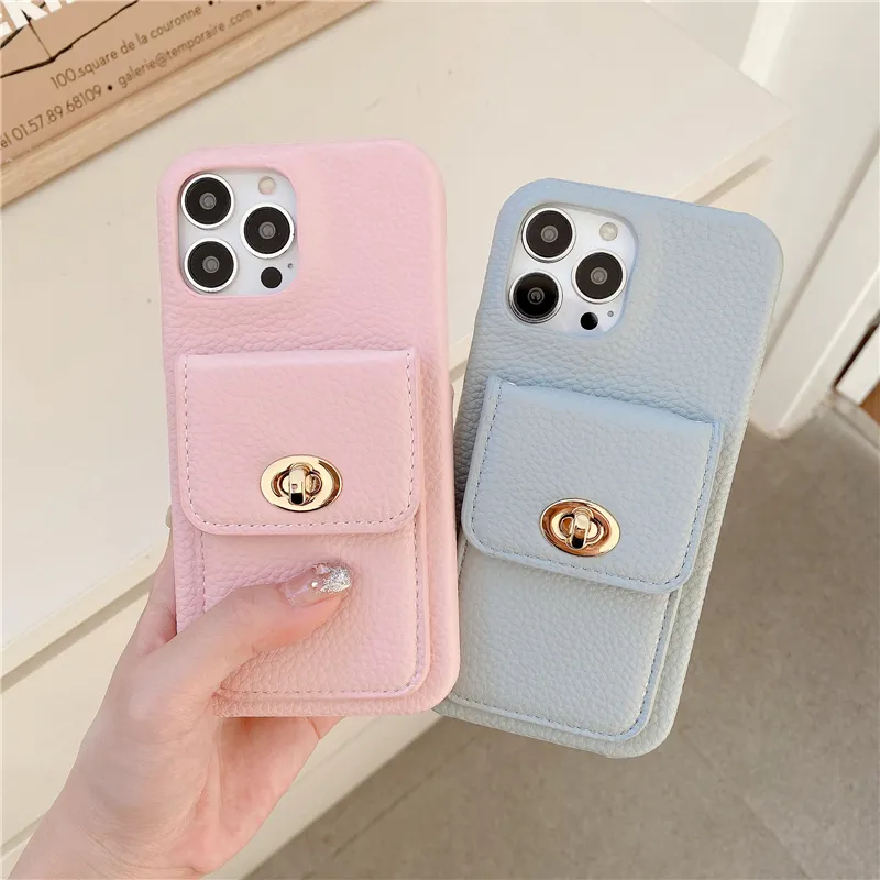 Luxury Litchi Pattern Leather Vogue Phone Case for iPhone 15 Plus 14 13 12 11 Pro Max XR XS Card Slot Lychee Print Wallet Bracket Back Cover with Plating Buckle Lock