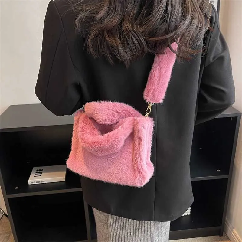 Hiver couleur unie qualité fausse fourrure petit sac fourre-tout concepteur doux moelleux en peluche sac à main mignon épaule chaude bandoulière femmes 220923