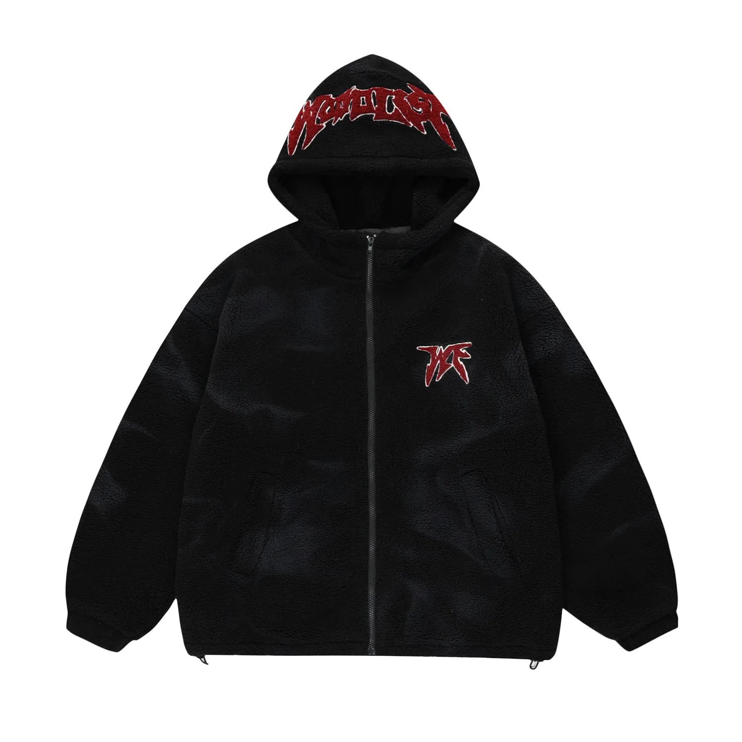 Hip Hop Fleece Fuzzy Giacca con cappuccio Grunge Ricamo Occhio Lana d'agnello Cappotto soffice 2023 Uomini Harajuku Cerniera allentata Giubbotti Streetwear