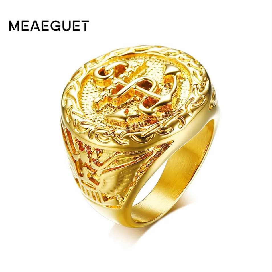 Meaeguet Vintage Eagle Patroon Anker Ring Voor Mannen Hiphop Rock Stijl Goud-kleur 316L Rvs Partij Jewelry204Y