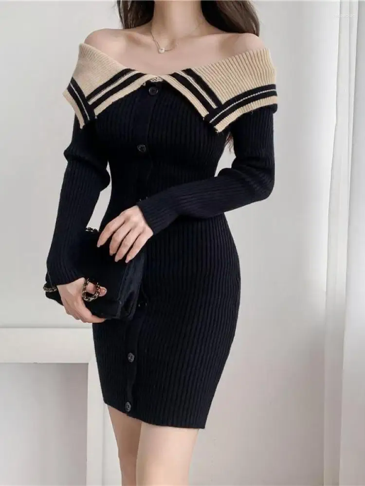Casual Dresses 2023 Autumn Sexy Slim Off Shoulder Patchwork Knitted Short Dress Women Long Sleeve Single Breasted Party Wrap Hip Mini