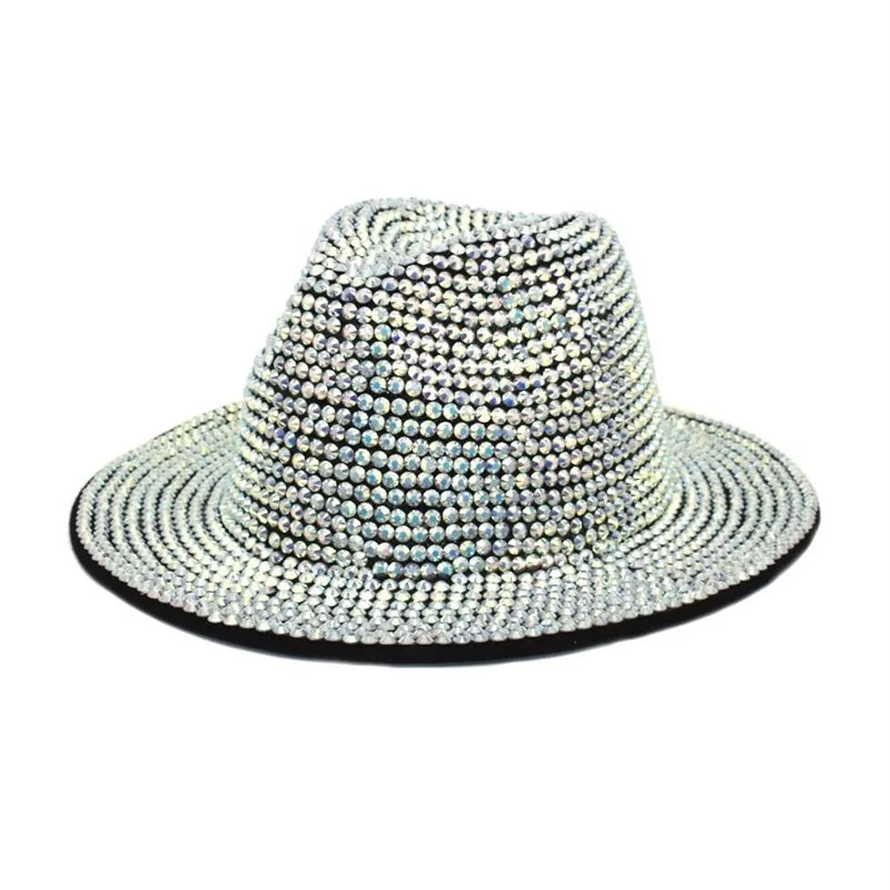 Strass Fedora Hoeden Voor Vrouwen Mannen Platte Brede Rand Wolvilt Jazz Hoeden Handgemaakte Bling Bezaaid Party Hat259I