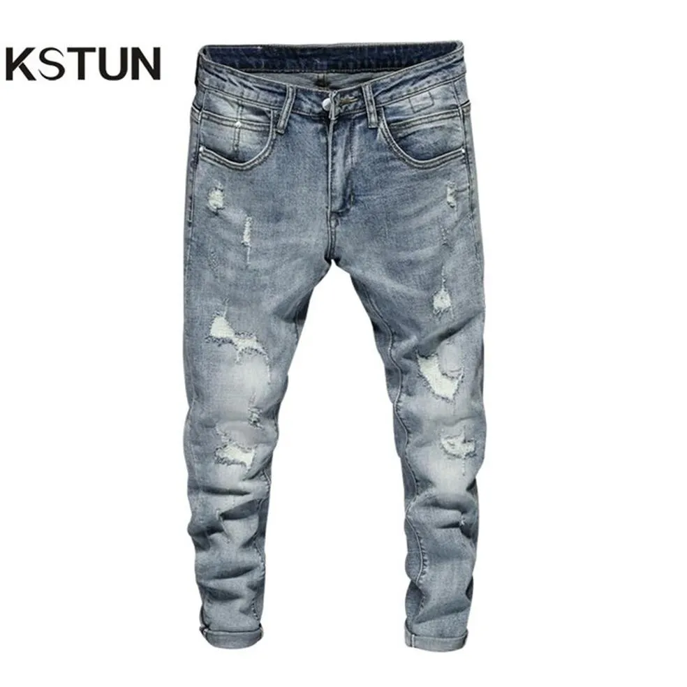 Ripped Jeans Men Skinny Light Blue High Street Style Male Jeans Elasticity Slim Fit Frayed Casual Men Pants Trousers Biker Jeans T221K