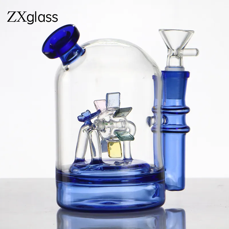 Glass Hosah Colorful Windmill Inset Bong Blue Tjock Reting Oil Rig Bubble Percolator Water Pipes med 14 mm Joint Bowl Banger grossist