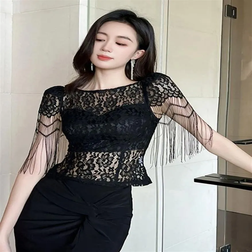 Pulls pour femmes Français Chic T-shirt élégant Noir Perspective Gland Manches Tops Sexy Dentelle Blouse Crochet Floral Tees Party Pr2490