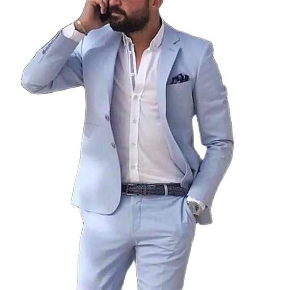 Sky Blue Linen Beach Men Suits 2021 Summer 2 Piece Slim Fit Groom Tuxedo for Wedding New Male Fashion Jacket with Pants X0909287c