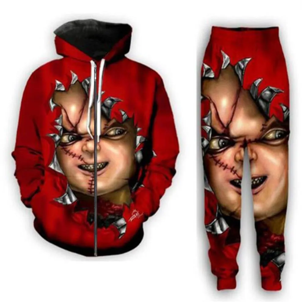 2021 Nouvelle mode Hommes Femmes Halloween Terror Film Chucky Sweat à capuche et pantalon en deux pièces amusant 3D imprimé global Survêtements236F